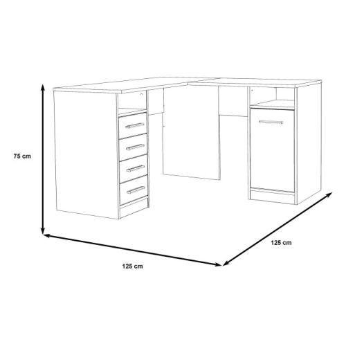 Białe biurko narożne 125x125 cm z 4 szufladami i szafką